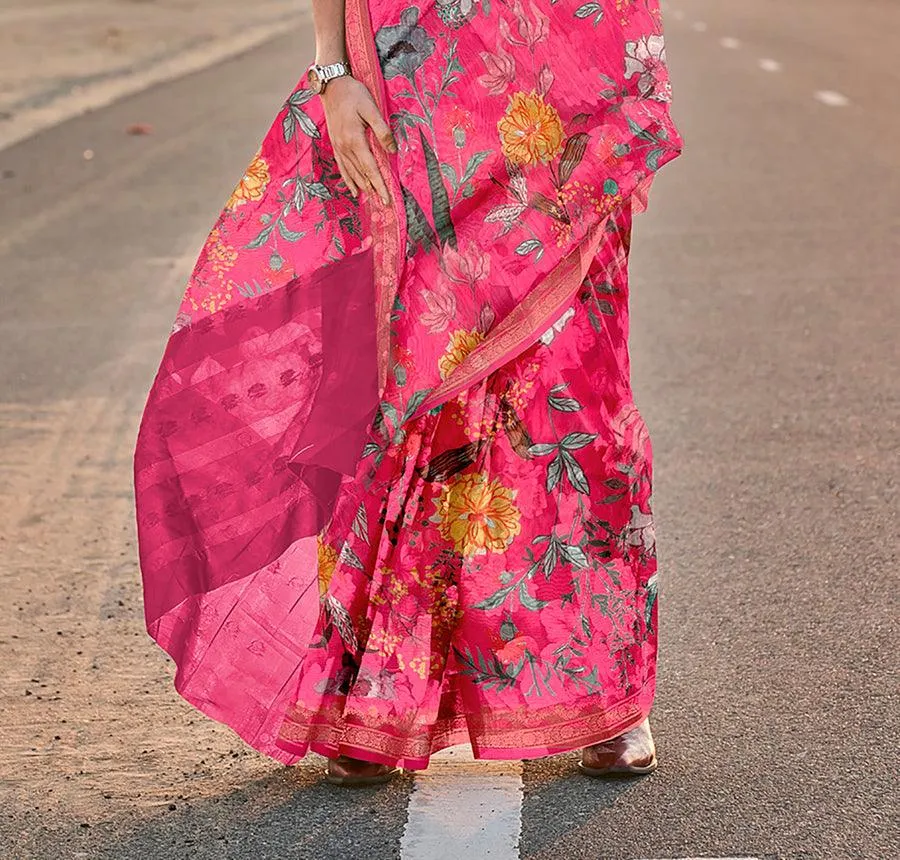 Alluring Pink Pure Tussar Silk Handwoven Printed Saree