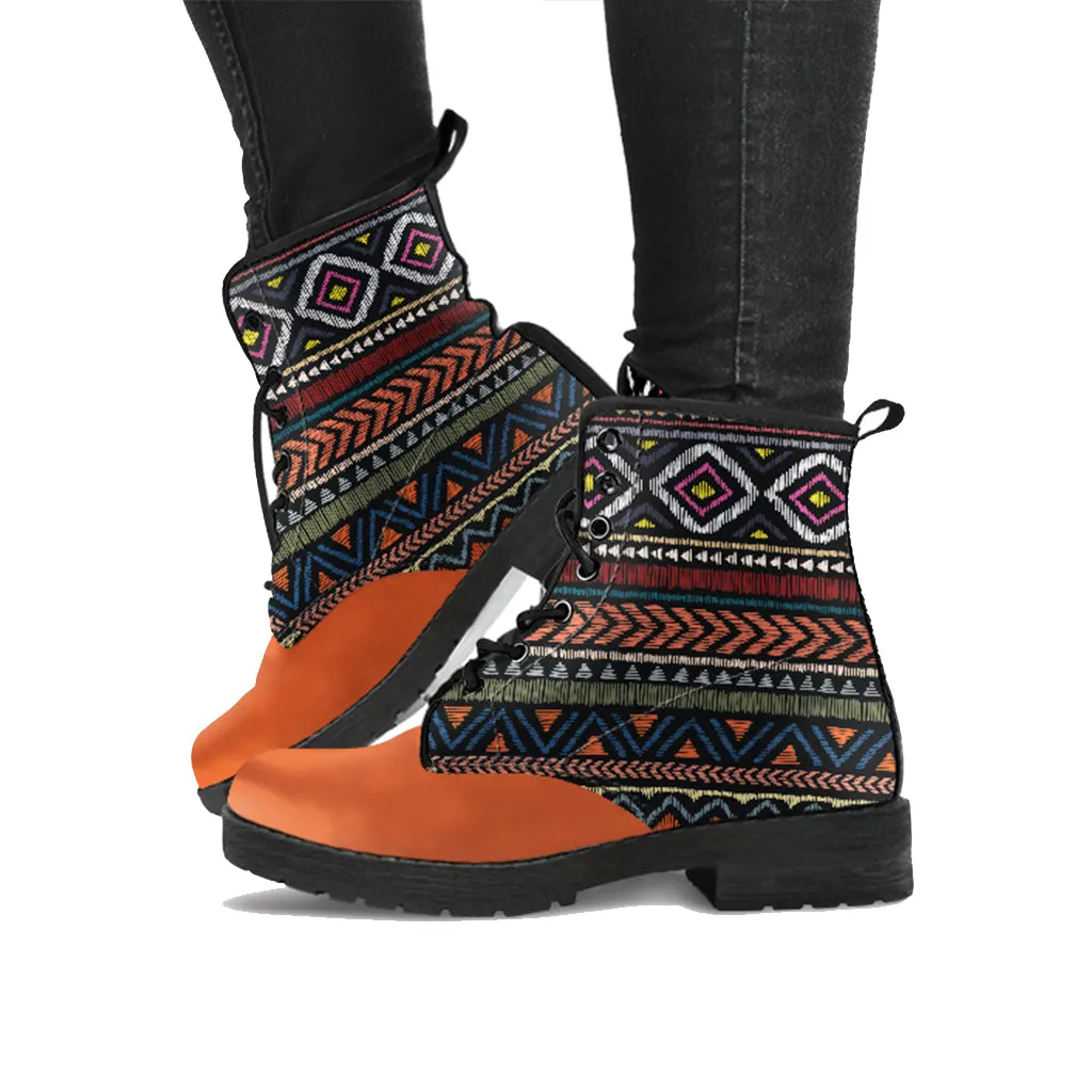 Boho Pattern Handcrafted Women's Vegan Leather Combat Boots