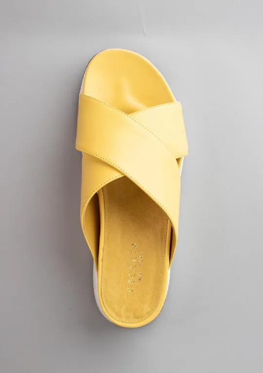 Cecelia New York UMA Yellow Platform Criss Cross Straps Wedge Slide Mule Sandals
