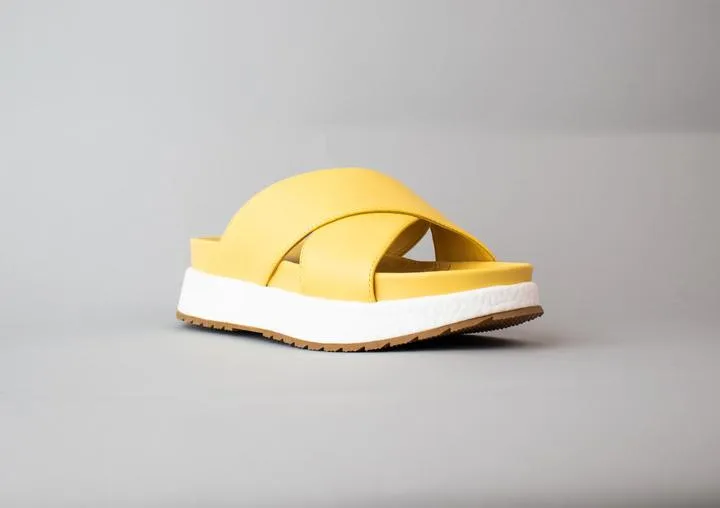 Cecelia New York UMA Yellow Platform Criss Cross Straps Wedge Slide Mule Sandals
