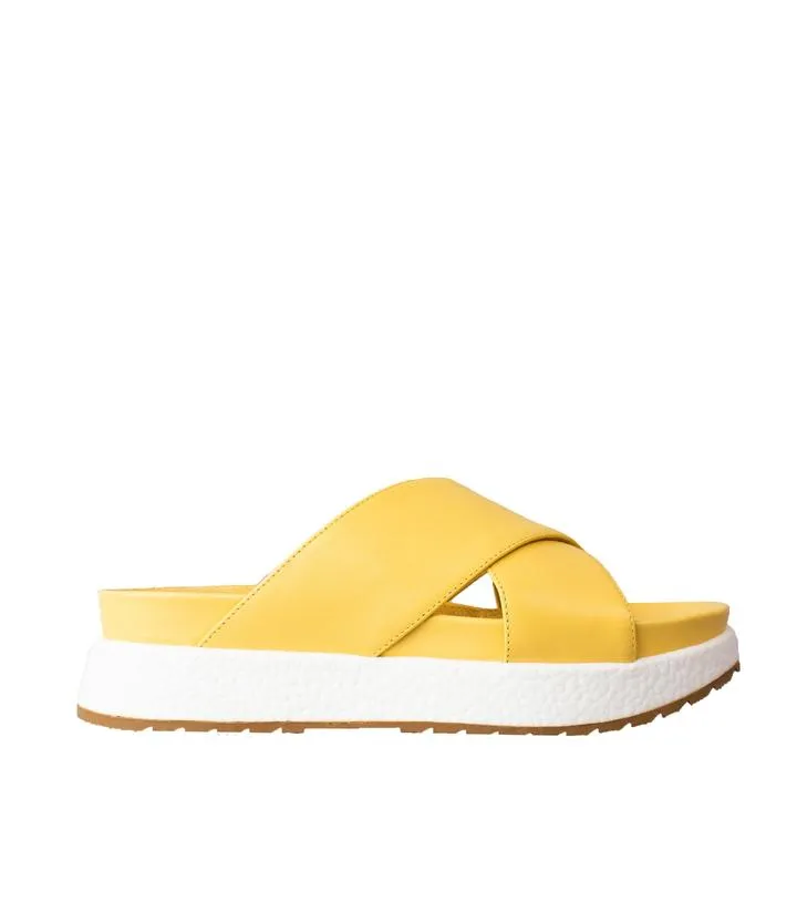 Cecelia New York UMA Yellow Platform Criss Cross Straps Wedge Slide Mule Sandals