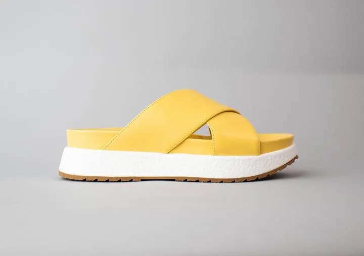 Cecelia New York UMA Yellow Platform Criss Cross Straps Wedge Slide Mule Sandals