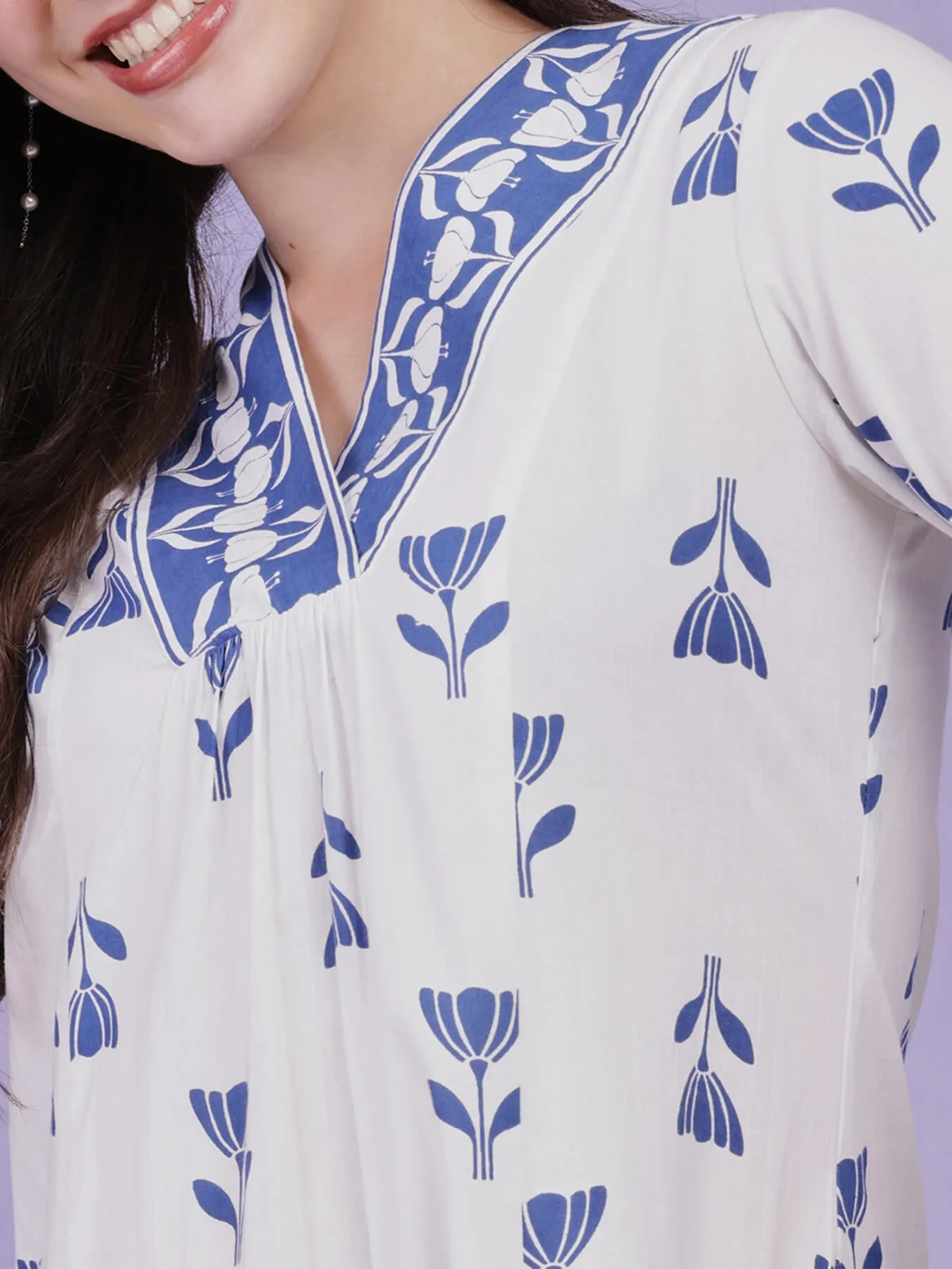 Cotton Floral A Line Kurta - Blue & White