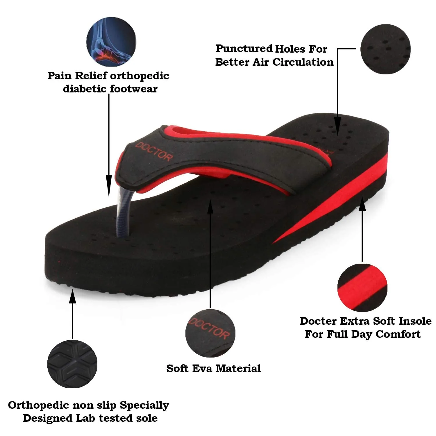 DOCTOR EXTRA SOFT Care Diabetic Orthopedic Pregnancy Flat Super Comfort Dr Flipflops and House Slippers For Women's and Girl's D-18-Black Red-4 UK