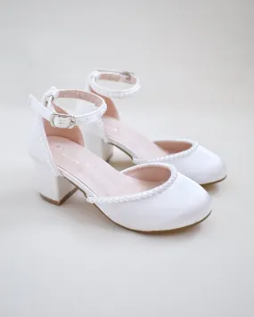 Satin Girls Block Heel with Mini Pearls
